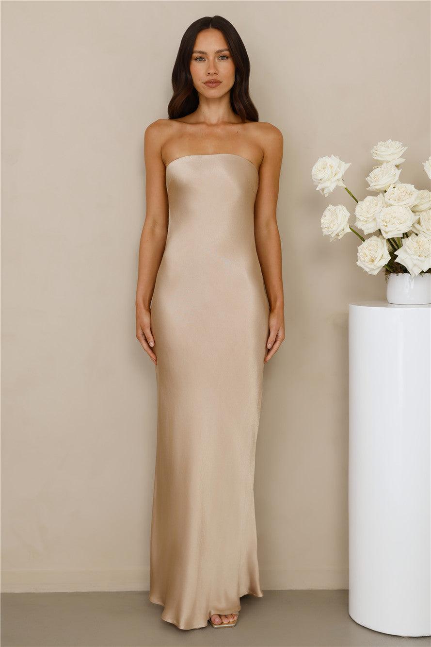 The Felicity Strapless Satin Maxi Dress Champagne Product Image