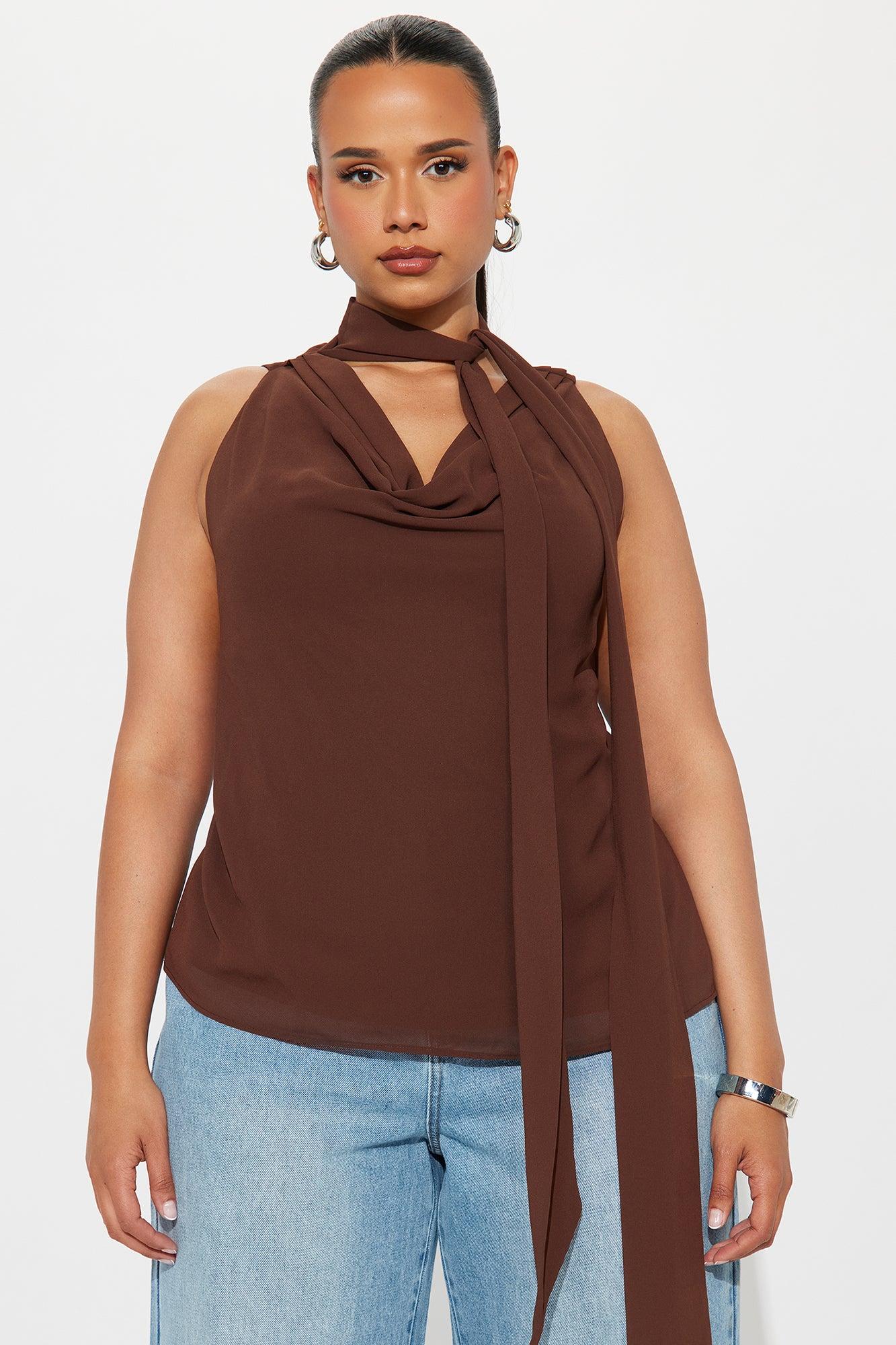 Walked Right Past You Chiffon Neck Tie Top - Chocolate Female Product Image