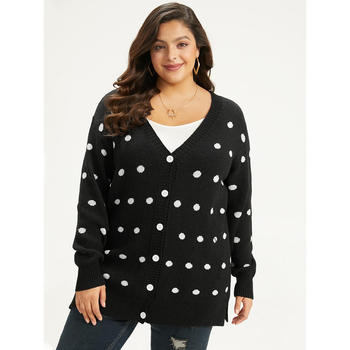 Plus Size Supersoft Essentials Polka Dot Split Side Cardigan Black Women Casual Loose Long Sleeve Dailywear Cardigans BloomChic 18-20/2X Product Image