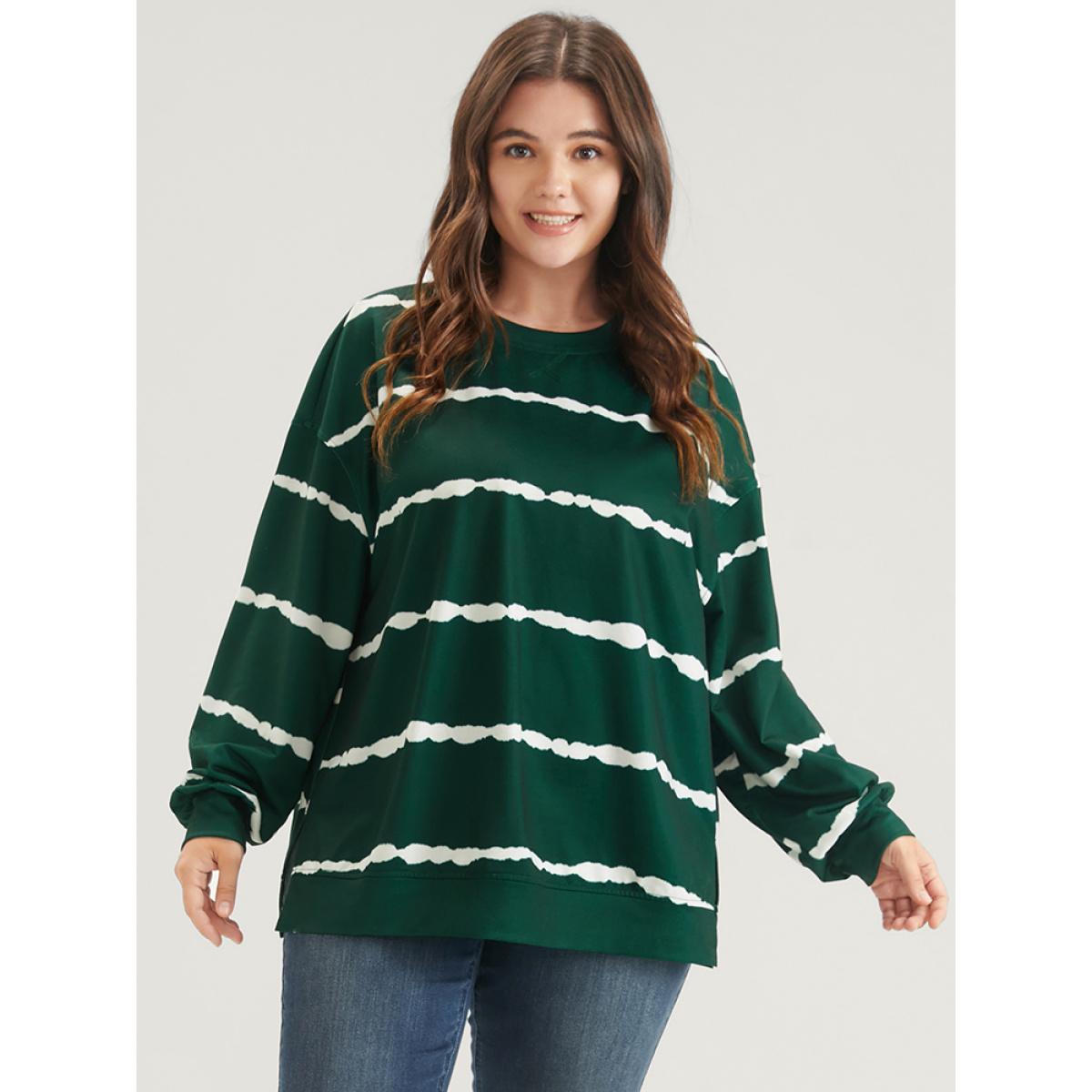 Plus Size Tie Dye Striped Side Split Drop Shoulder Sweatshirt Women Green Casual Tie Dye Loose Round Neck Dailywear Sweatshirts BloomChic 18-20/2X Product Image