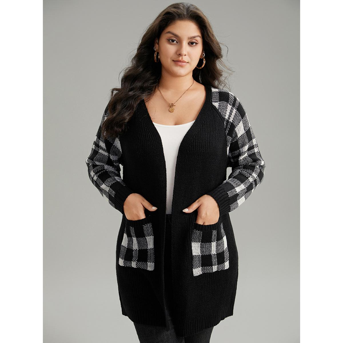 Plus Size Plaid Patchwork Patched Pocket Raglan Sleeve Cardigan Black Women Casual Loose Long Sleeve Dailywear Cardigans BloomChic 14-16/1X Product Image