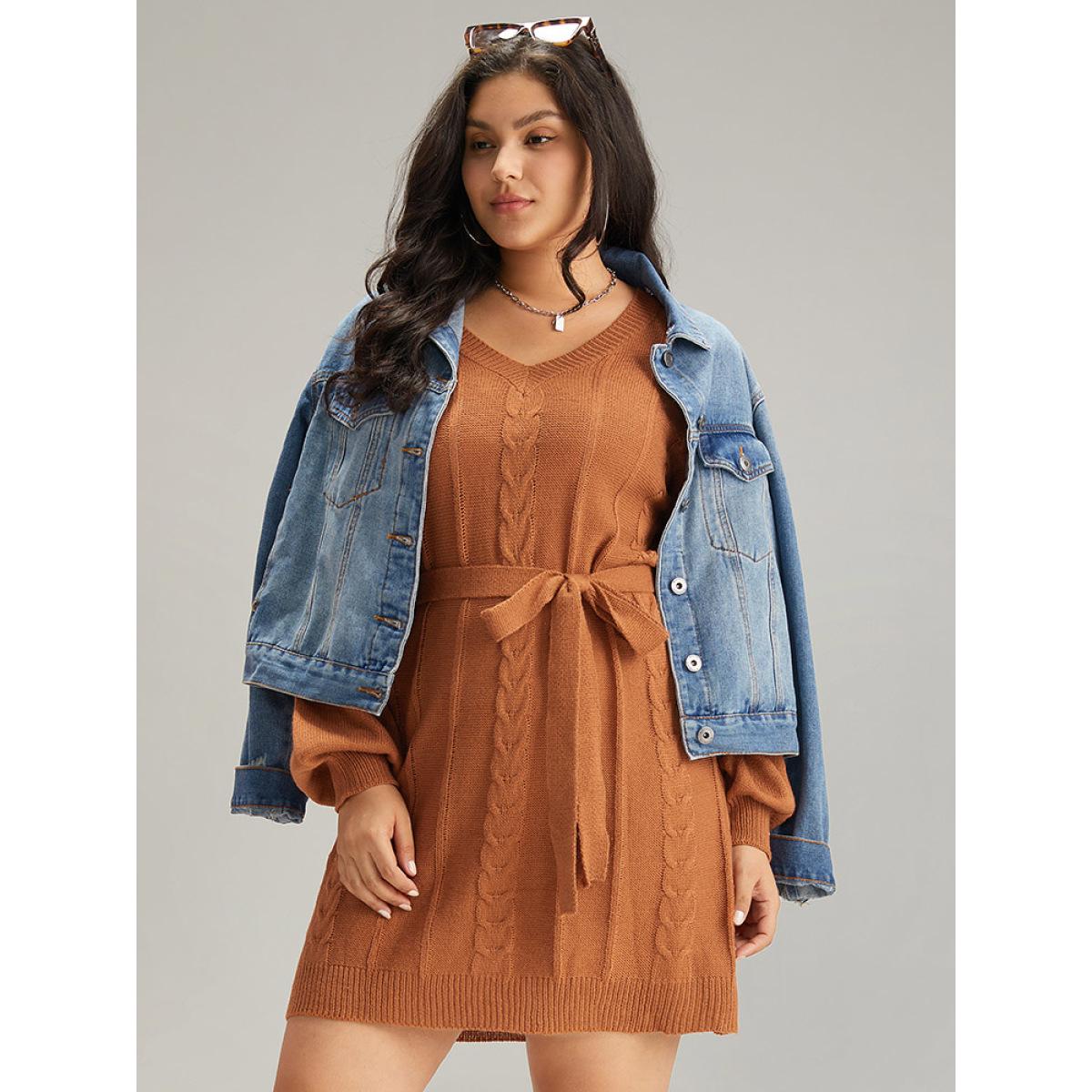 Plus Size Cable Knit Belted Lantern Sleeve Sweater Dress Chocolate Women Casual Loose Long Sleeve Dailywear Sweater Dresses BloomChic 10/M Product Image