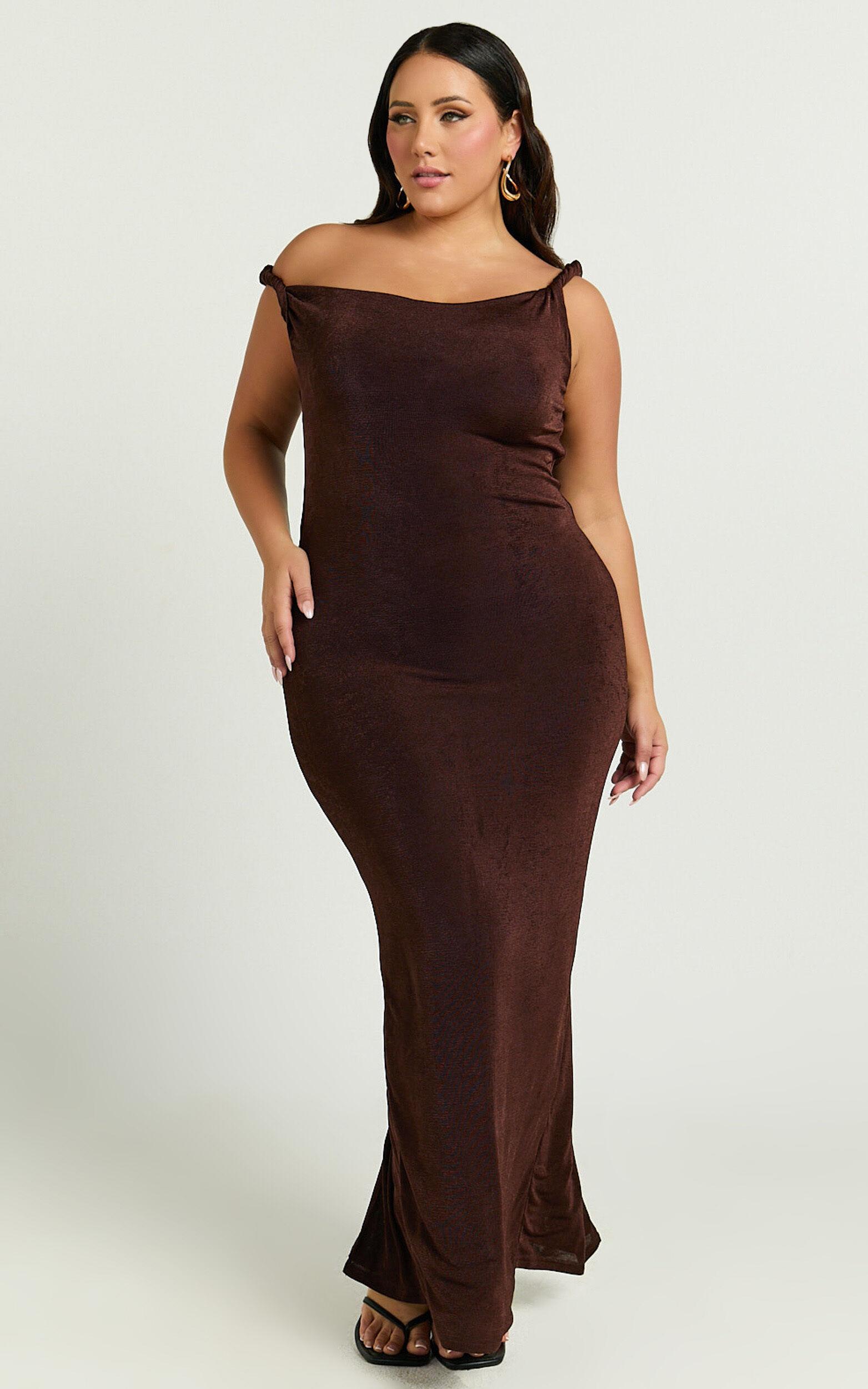 Isabel Midi Dress - Twist Off Shoulder Bodycon Dress in Chocolate Product Image