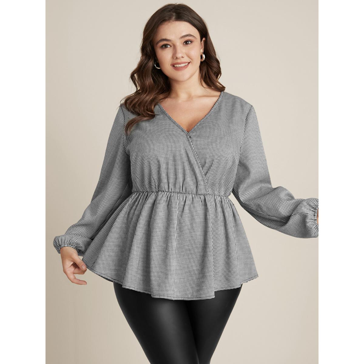 Plus Size Black Houndstooth Lantern Sleeve Wrap Blouse Without Belt Women Elegant Long Sleeve V-neck Dailywear Blouses BloomChic 14-16/1X Product Image
