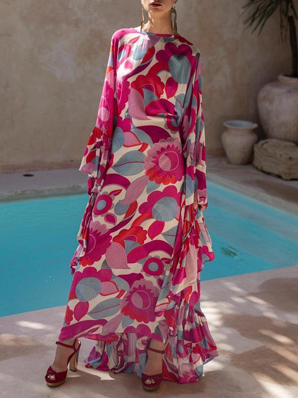 Batwing Sleeves Loose Flower Print Pleated Split-Joint Round-Neck Maxi Dresses Product Image