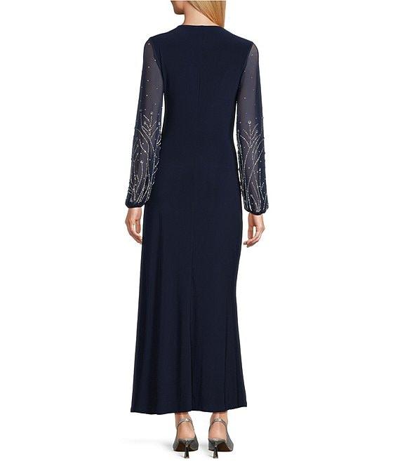 Marina Mesh Beaded Puff Long Sleeve V-Neck Front Slit Gown Product Image