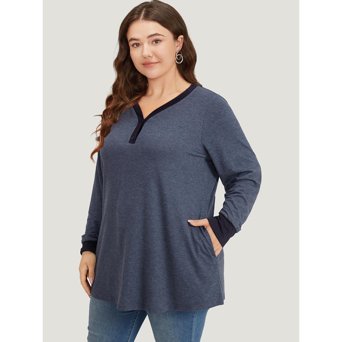 Plus Size V Neck Button Up Contrast Elastic Cuffs Pocket T-shirt Indigo Women Casual Elastic cuffs Plain V-neck Dailywear T-shirts BloomChic 28/5X Product Image