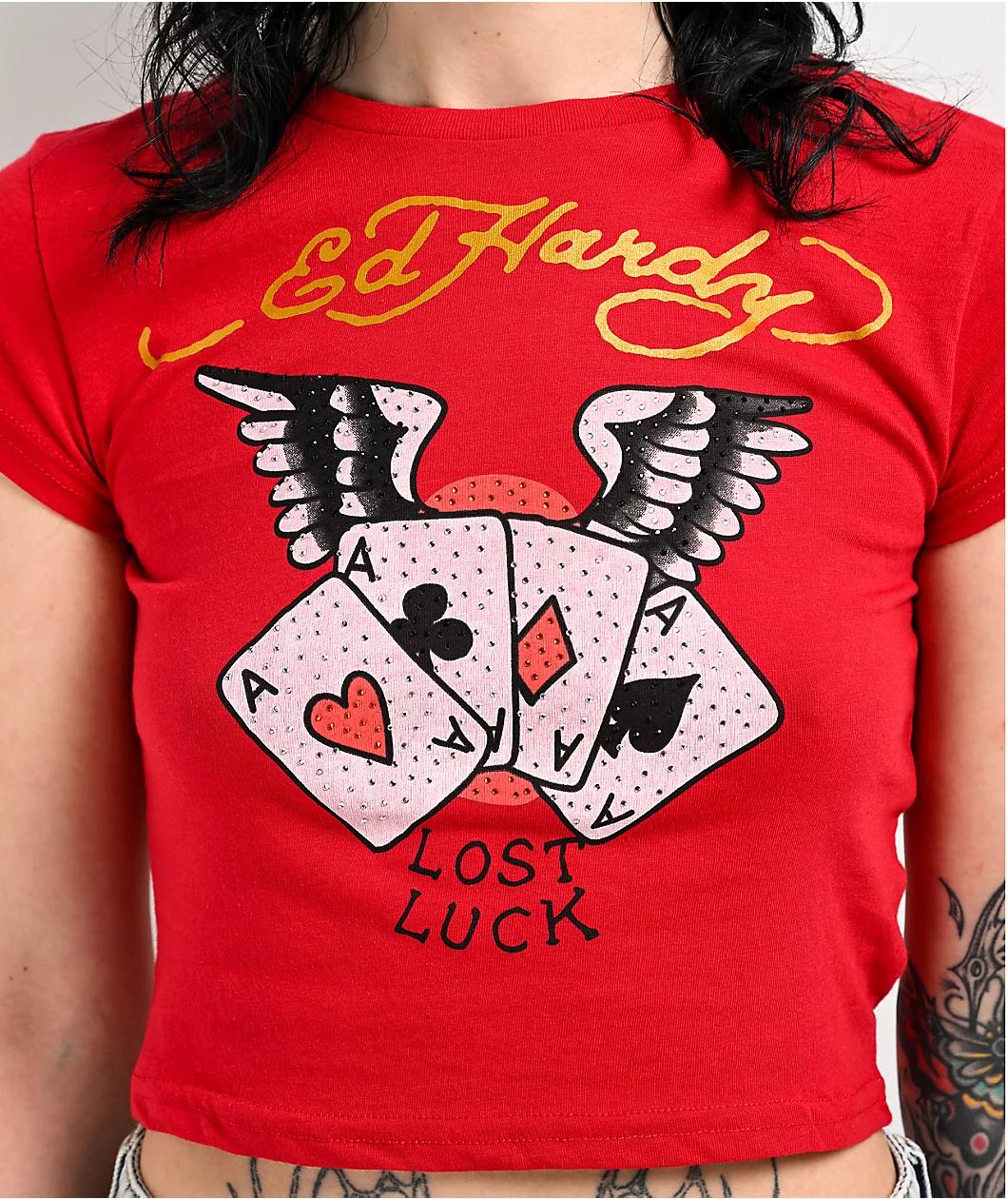 Ed Hardy Rhinestone Aces Red Crop T-Shirt Product Image