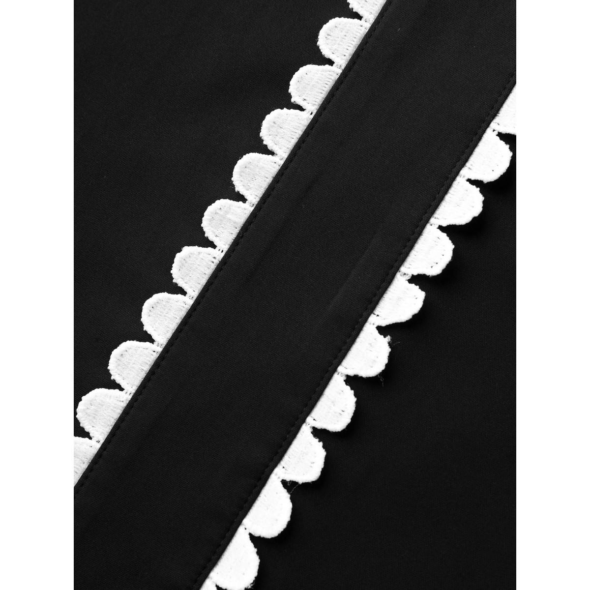 Plus Size Black Lace Trim Notched Collar Solid Blouse Women Short sleeve Notched collar Office Blouses BloomChic 12/L Product Image