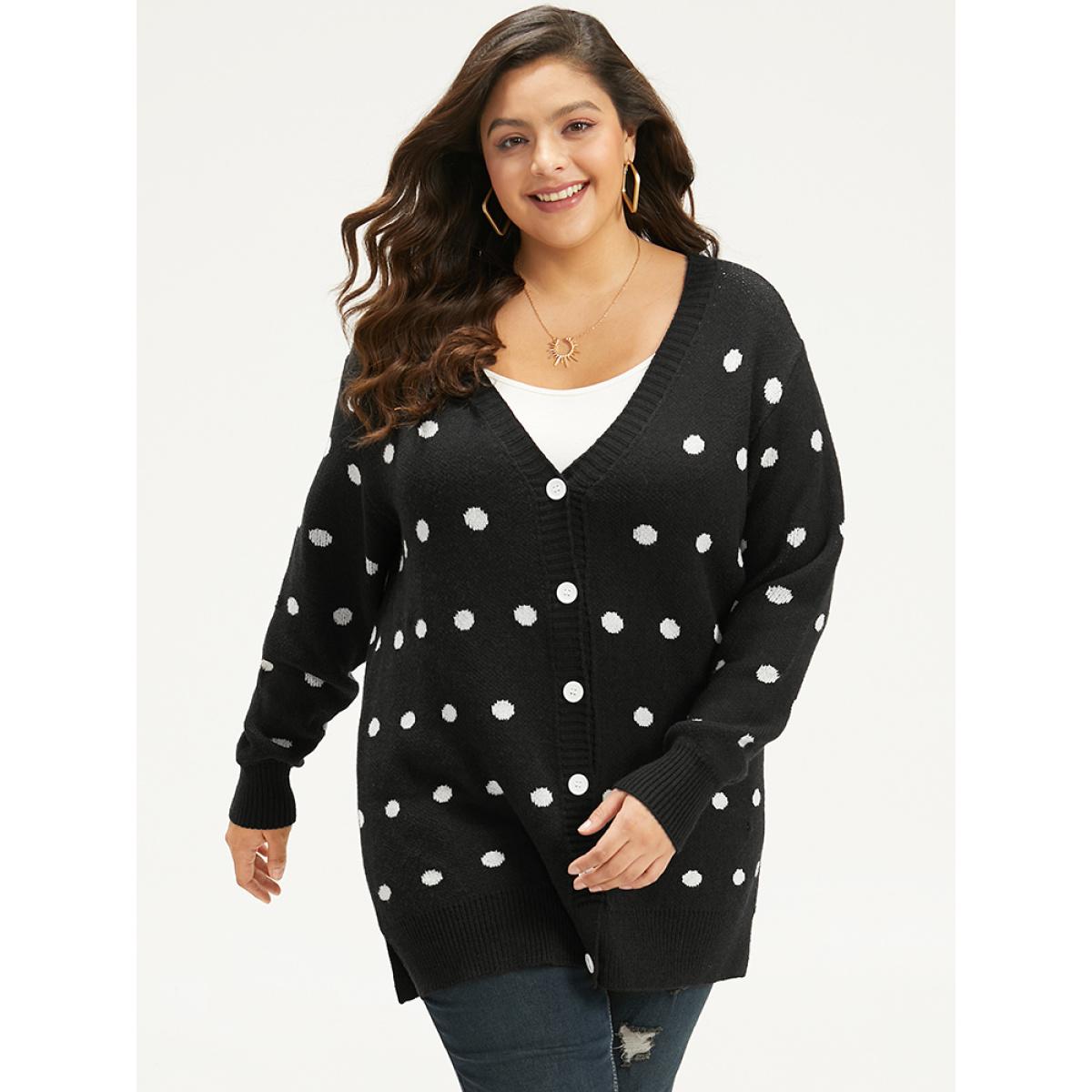 Plus Size Supersoft Essentials Polka Dot Split Side Cardigan Black Women Casual Loose Long Sleeve Dailywear Cardigans BloomChic 18-20/2X Product Image