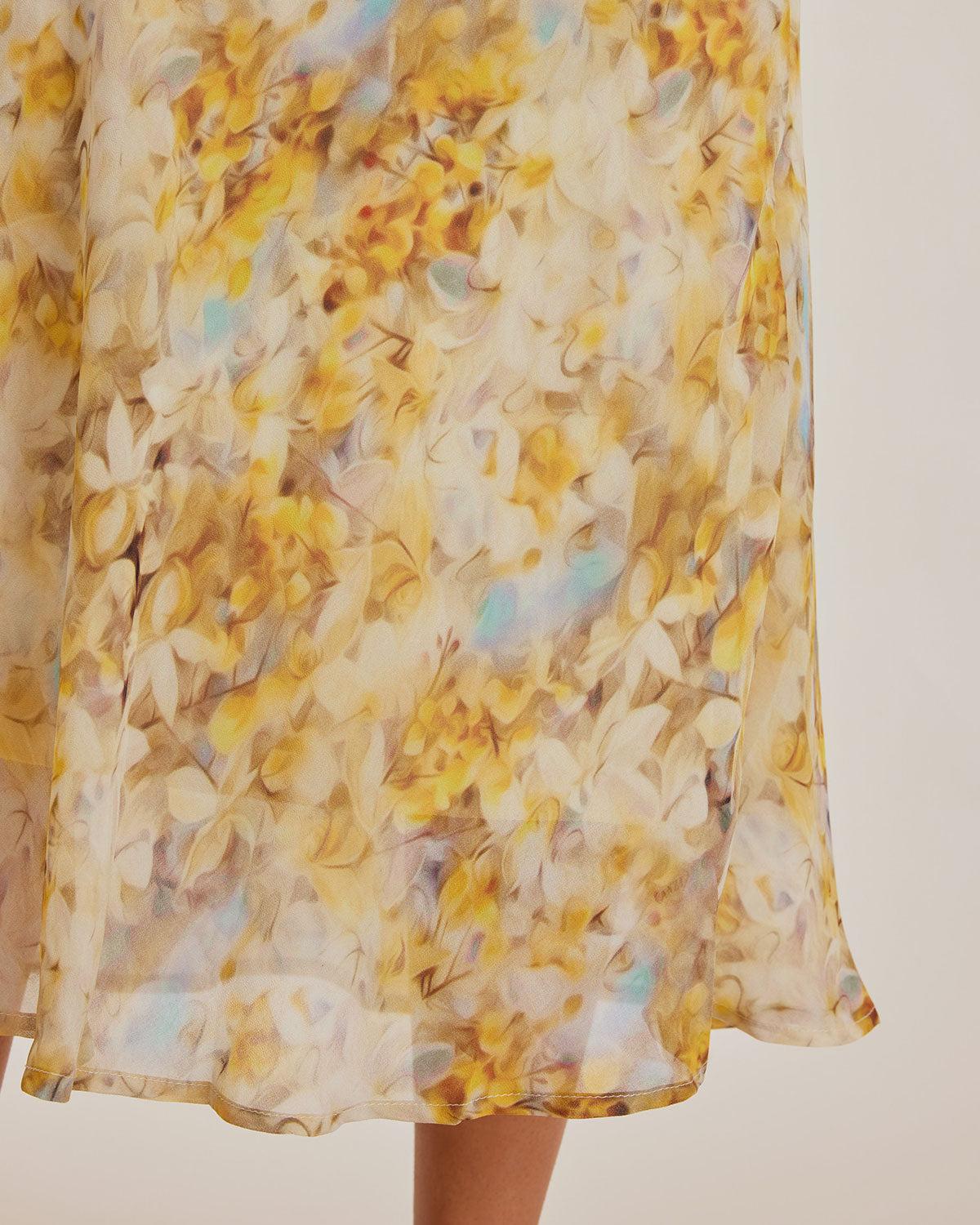 Yellow Floral Chiffon V Neck Maxi Dress Product Image