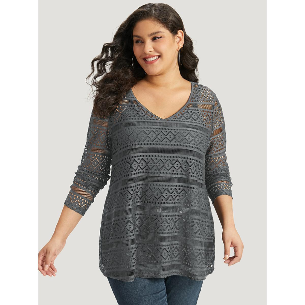 Plus Size Halloween Plain Geometric Eyelet V Neck T-shirt Gray Women Casual Plain Plain V-neck Festival-Halloween T-shirts BloomChic 30/6X Product Image