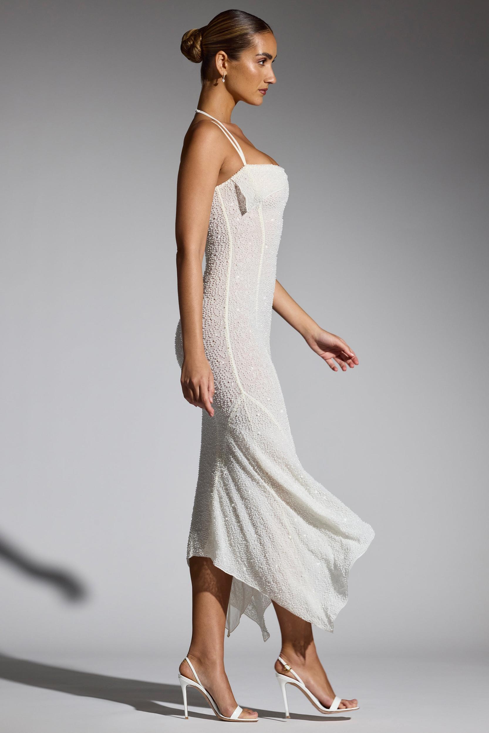 Embellished Handkerchief Hem Maxi Dress in White Product Image