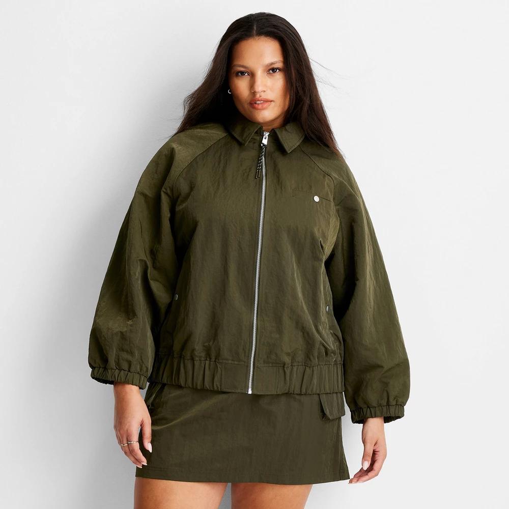 Women's Oversized Bomber Jacket - Future Collective Dark Olive XXL: Elastic Cuffs, 3 Pockets Product Image