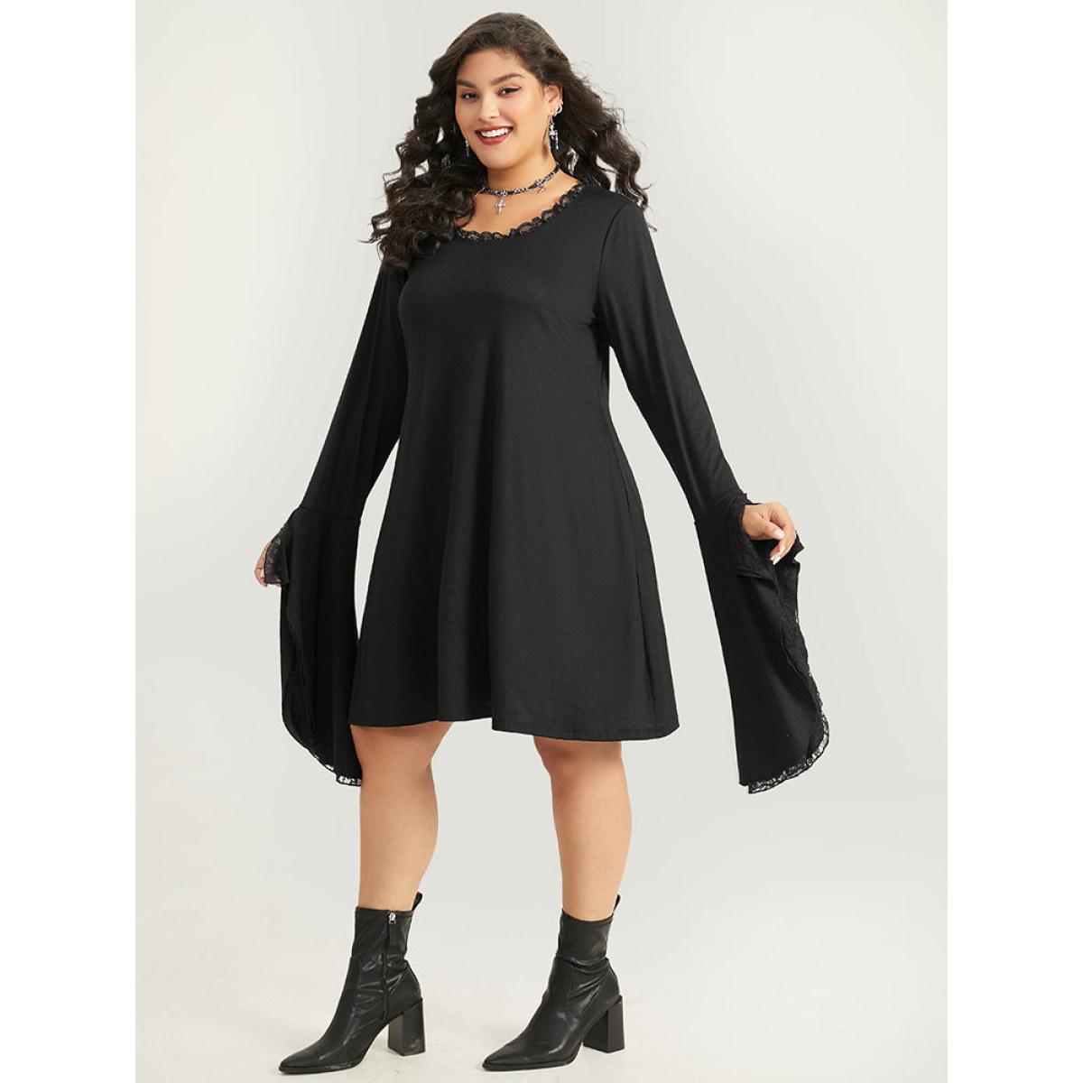 Plus Size Halloween Crochet Lace Round Neck Bell Sleeve Dress Black Women Casual Plain Round Neck Long Sleeve Curvy Knee Dress BloomChic 22-24/3X Product Image