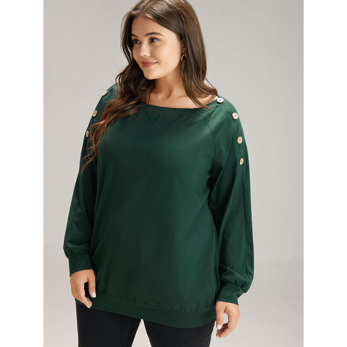 Plus Size Cotton Plain Button Detail Raglan Sleeve T-shirt DarkGreen Women Casual Plain Plain Round Neck Dailywear T-shirts BloomChic 18-20/2X Product Image