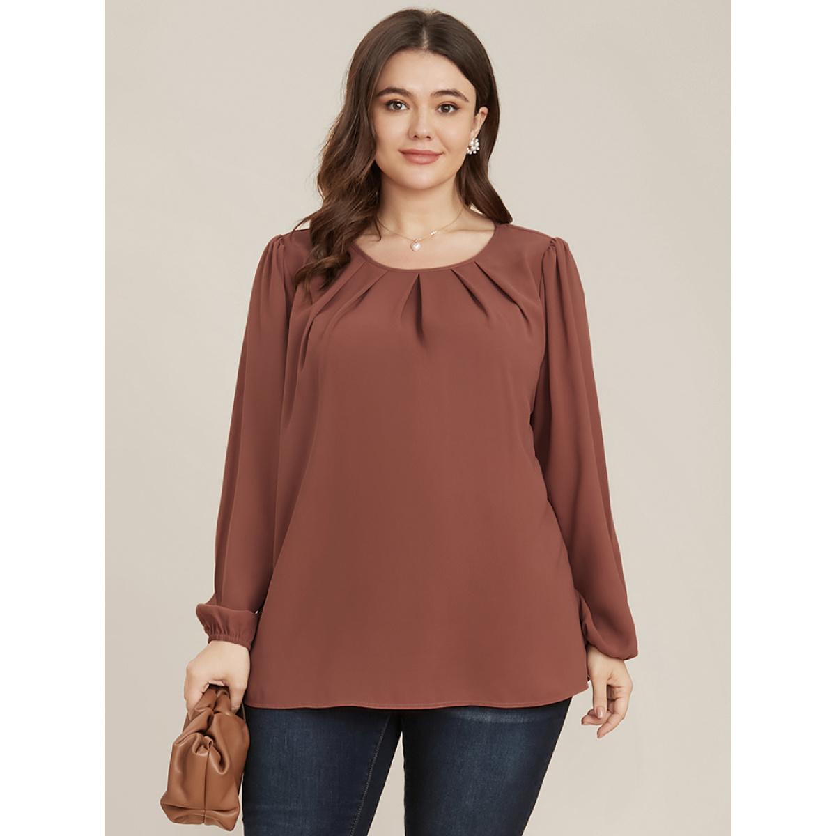 Plus Size DustyPink Solid Round Neck Pleated Lantern Sleeve Blouse Women Elegant Long Sleeve Round Neck Dailywear Blouses BloomChic 30/6X Product Image