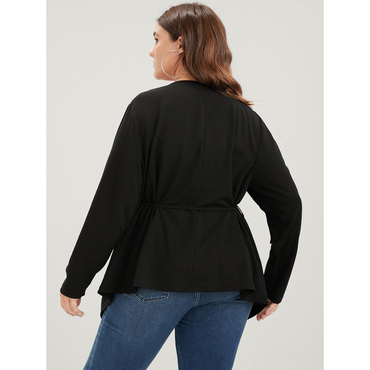 Plus Size Plain Asymmetrical Hem Waterfall Collar Ties Coat Women Black Elegant Belted Loose Ladies Dailywear Winter Coats BloomChic 18-20/2X Product Image