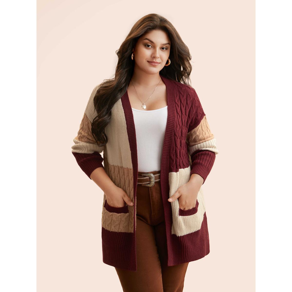 Plus Size Colorblock Contrast Cable Knit Pocket Cardigan Maroon Women Casual Loose Long Sleeve Everyday Cardigans BloomChic 28/5X Product Image
