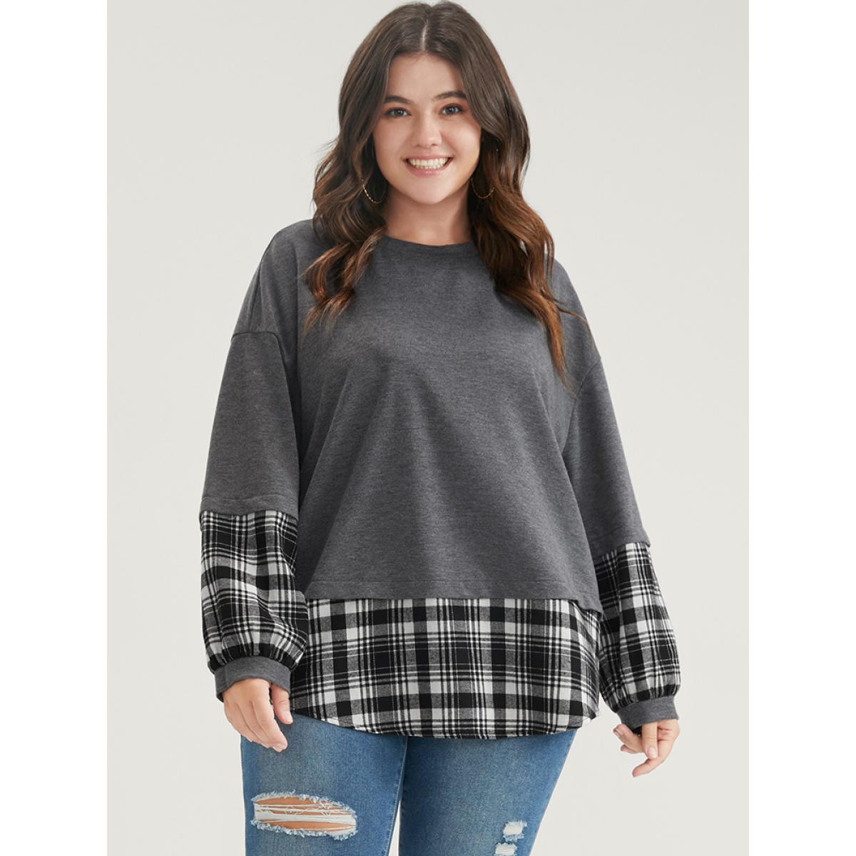 Plus Size Plaid Patchwork Round Neck Arc Hem Sweatshirt Women DimGray Casual Contrast Round Neck Dailywear Sweatshirts BloomChic 18-20/2X Product Image