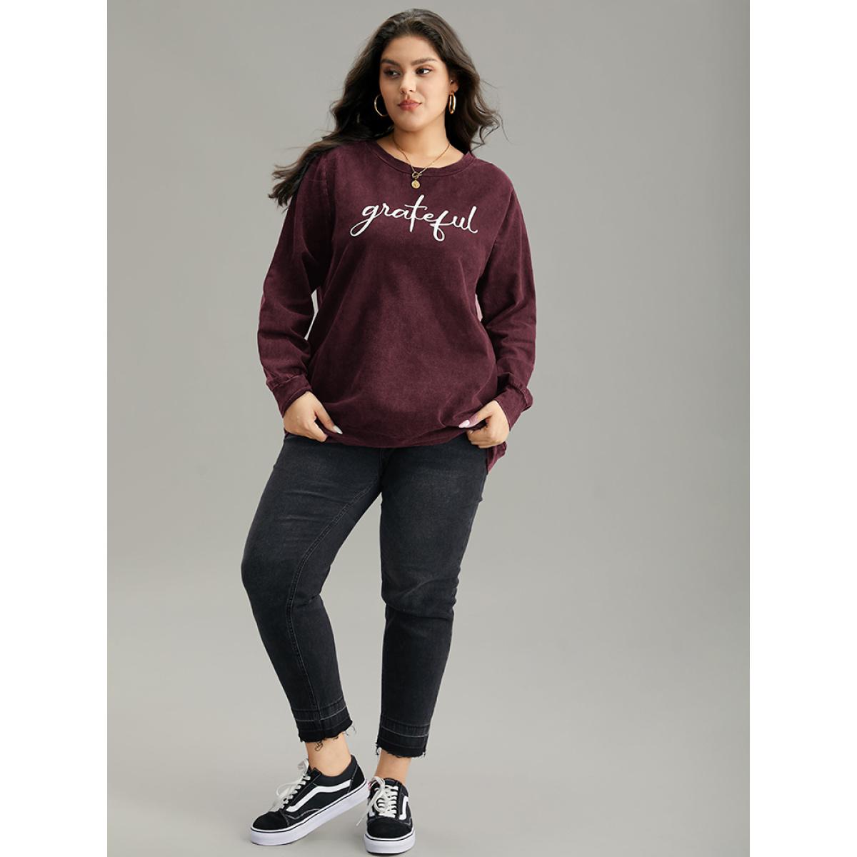 Plus Size Solid Letter Print Crew Neck Sweatshirt Women Burgundy Casual Printed Dailywear Sweatshirts BloomChic 22-24/3X Product Image