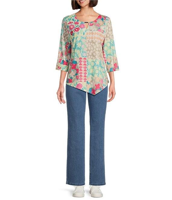 Allison Daley Petite Size Floral 3/4 Sleeve Keyhole Neck Asymmetric Hem Knit Top Product Image