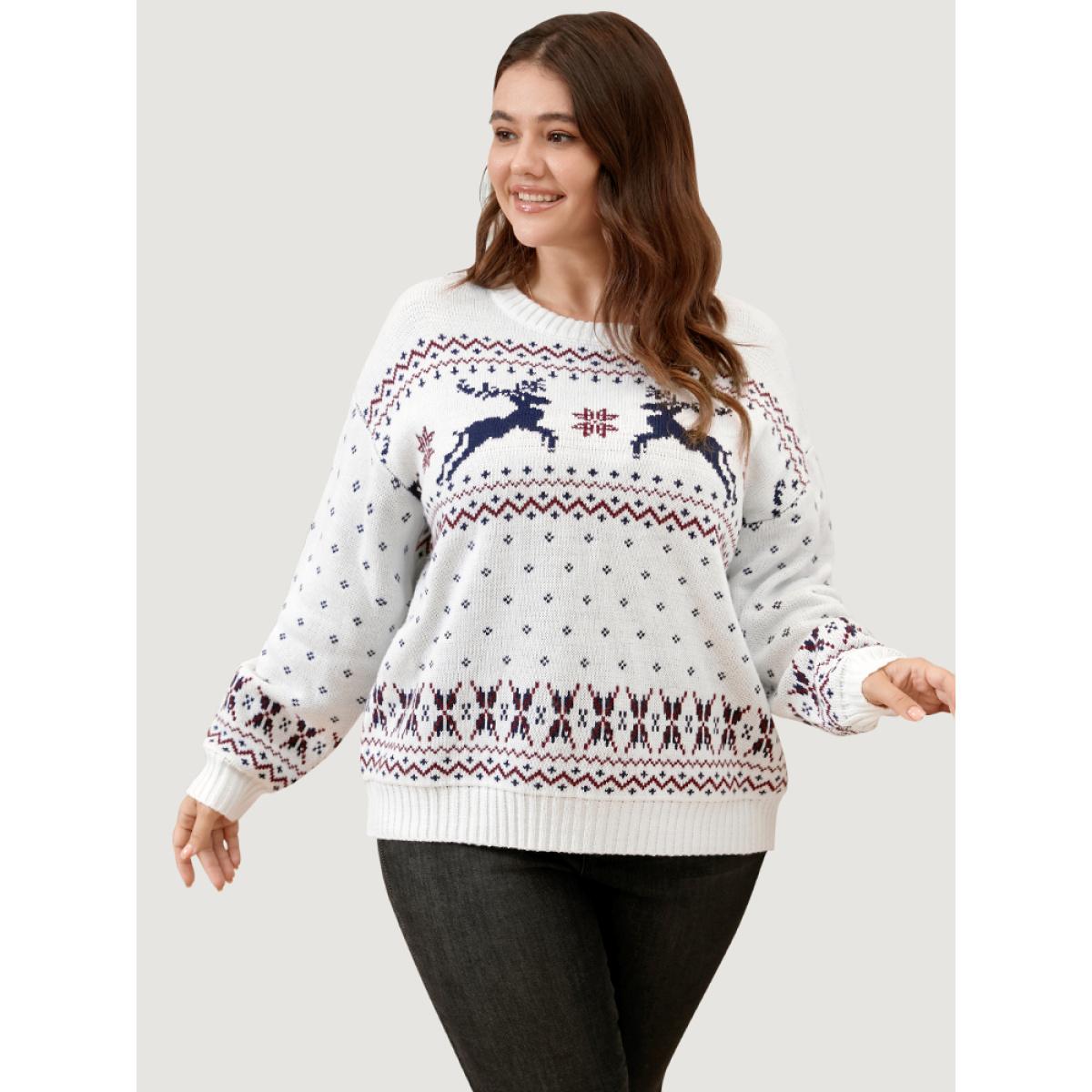 Plus Size Elk & Snowflake Pointelle Knit Round Neck Knit Top Multicolor Women Casual Loose Long Sleeve Dailywear Pullovers BloomChic 28/5X Product Image