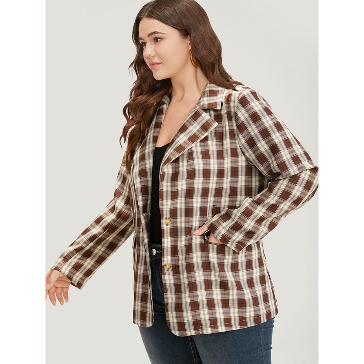 Plus Size Plaid Button Through Flap Pocket Blazer Bronze Women Dailywear Plaid Button Sleeve Long Sleeve Suit Collar 12/L Pocket Casual Blazers BloomChic Product Image