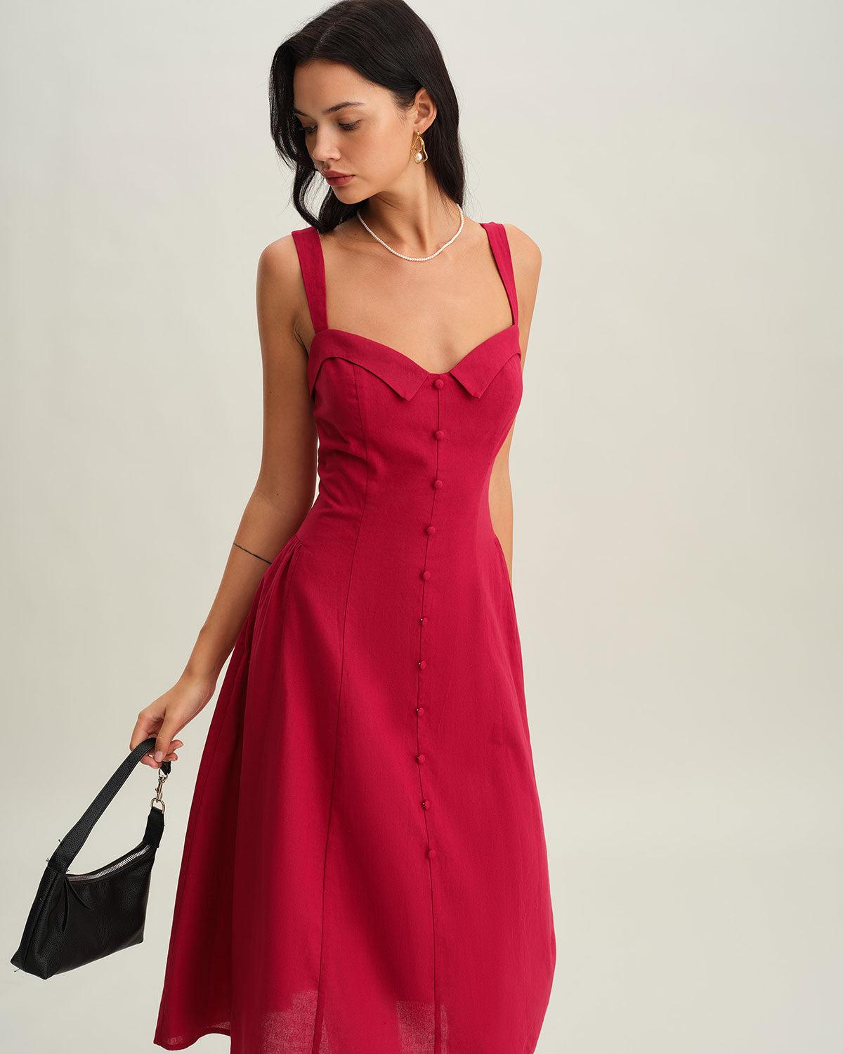 Red Sweetheart Neck Slip Midi Dress Product Image