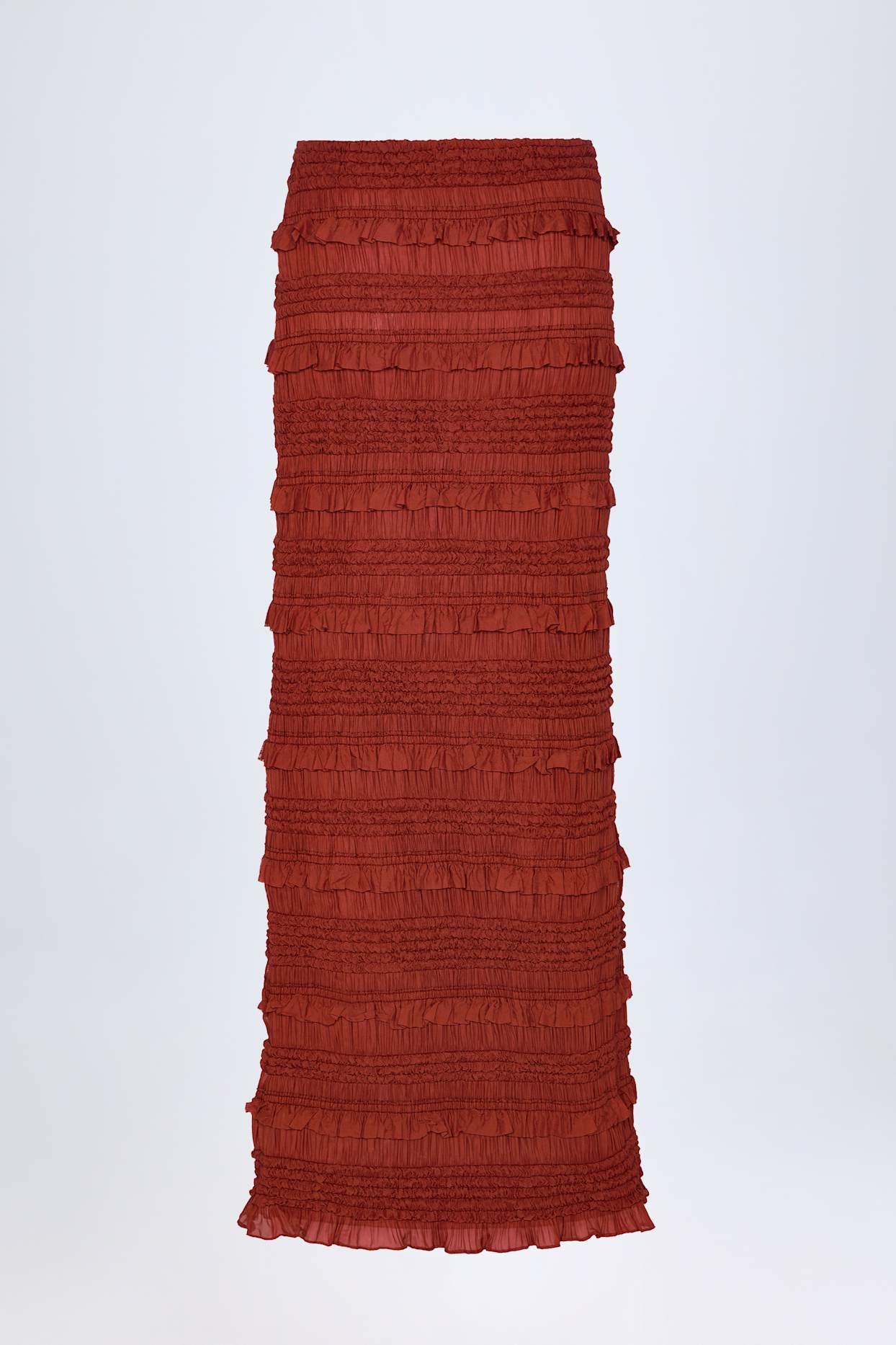 Ruffled Mid-Rise Maxi Skirt in Burnt Red Product Image