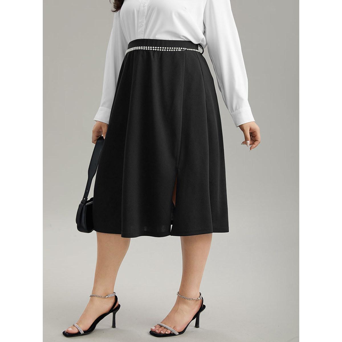 Plus Size Plain Pearl Beaded Detail Split Side Skirt Women Black Office Style accents No stretch Belt Office Skirts BloomChic 12/L Product Image