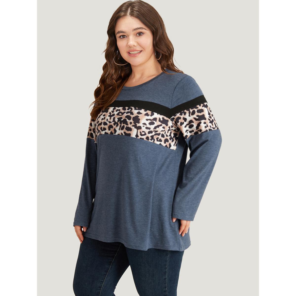 Plus Size Leopard Heather Patchwork Crew Neck T-shirt Blue Women Casual Patchwork Patchwork Round Neck Dailywear T-shirts BloomChic 12/L Product Image