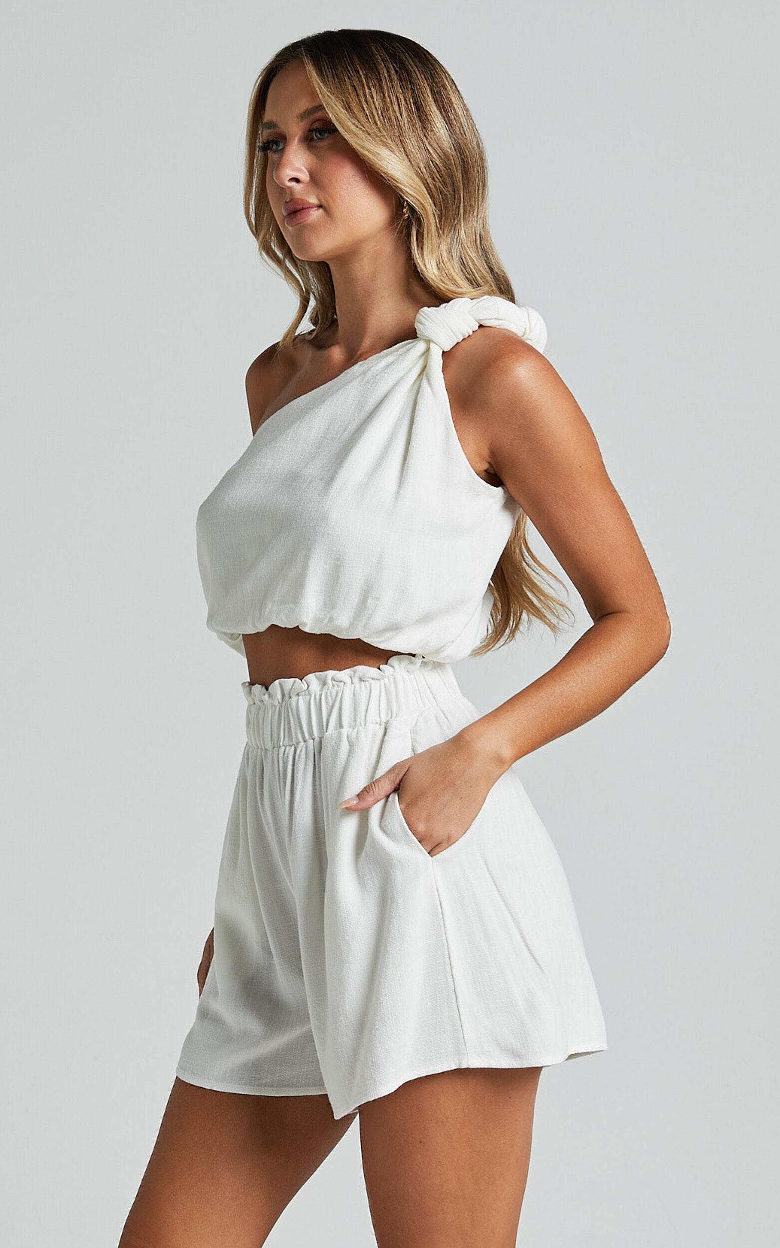 Raylene Two Piece Set - Linen Knotted One Shoulder Top and Paper Bag Waist Shorts in White Product Image