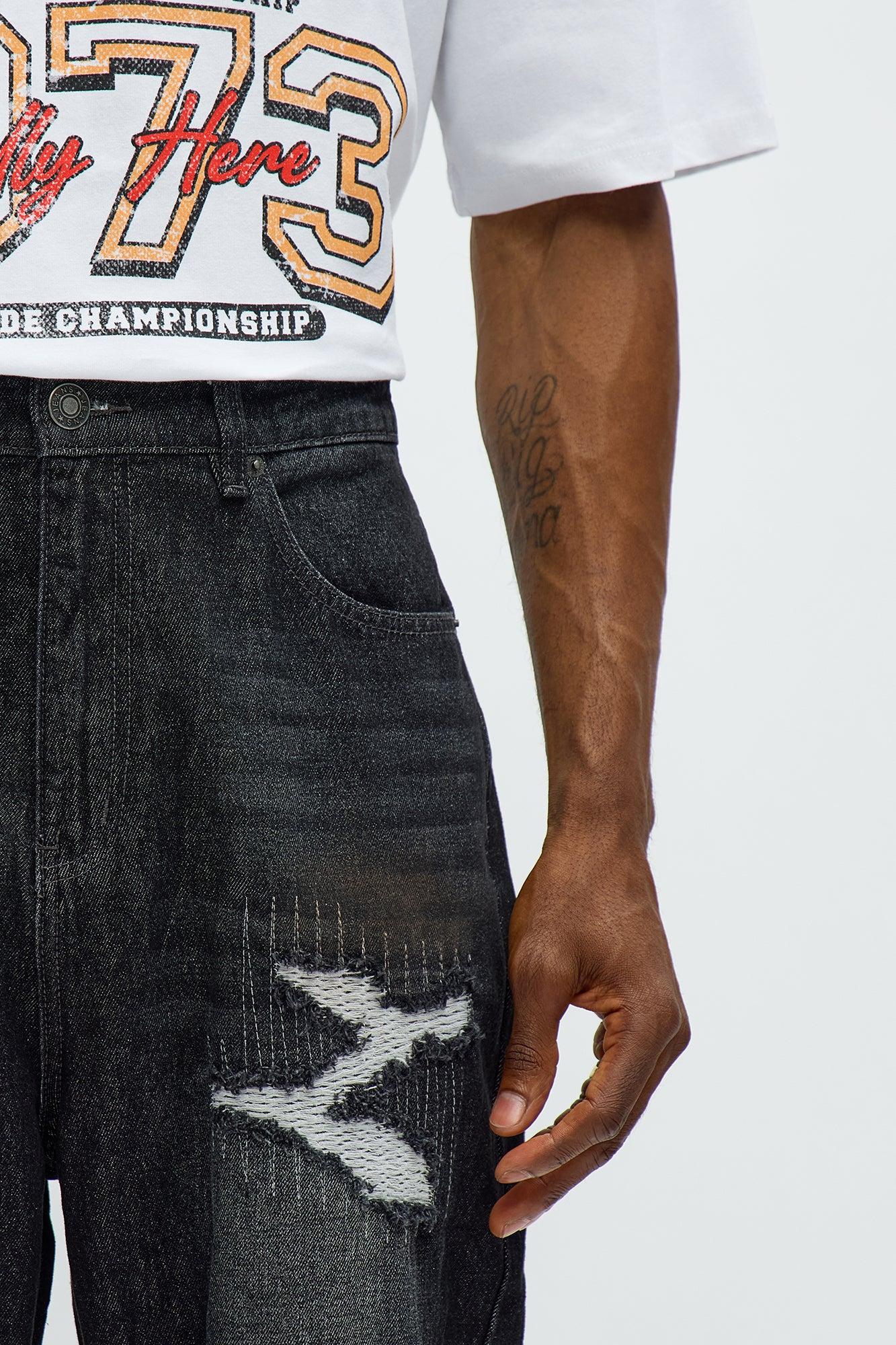 Baggy Vandal Stitch Distressed Jeans - Black Wash Male Product Image