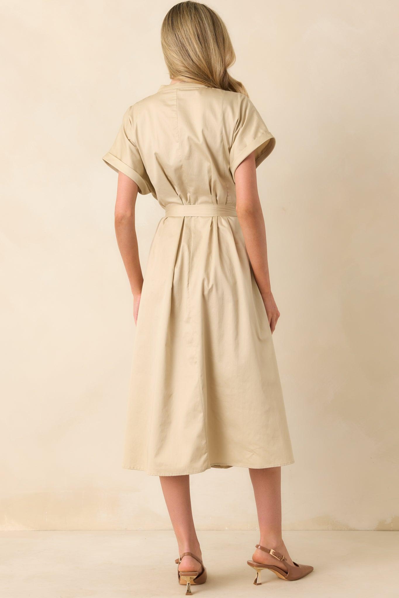 Late Nights Beige Cotton Button Front Midi Dress Product Image