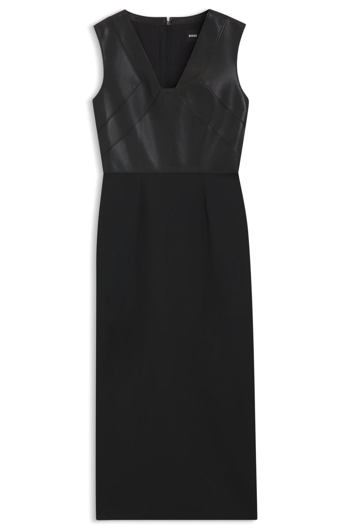 BOSS - Virgin-wool dress with leather bodice - Black Product Image