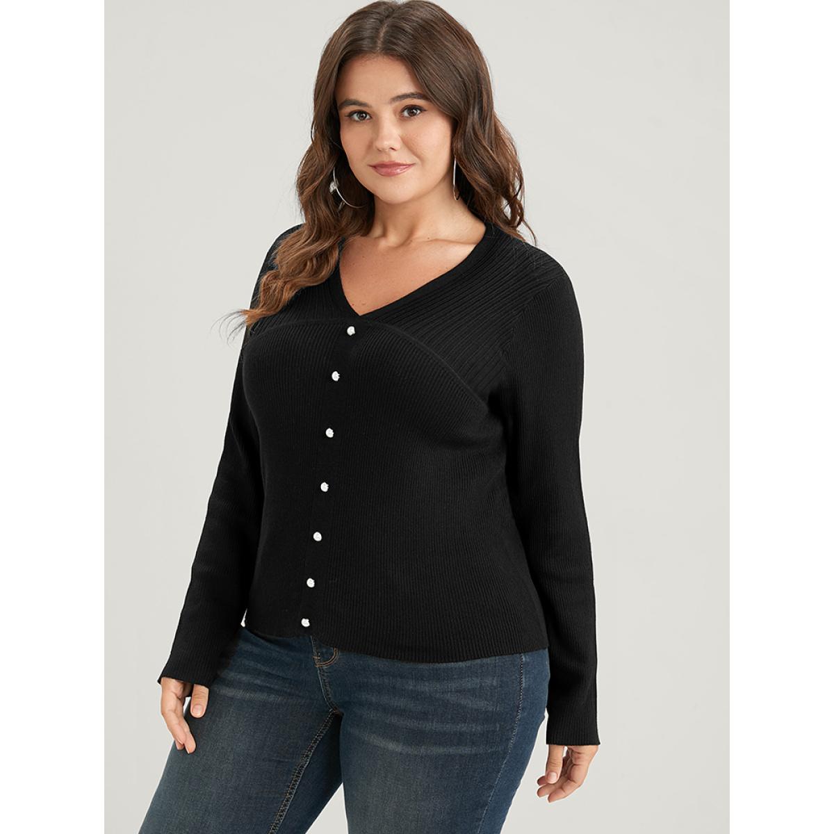 Plus Size Plain Rib Knit Button Front Knit Top Black Women Elegant Skinny Long Sleeve V-neck Dailywear Pullovers BloomChic 12/L Product Image