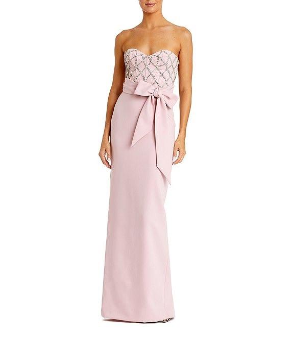 Mac Duggal Strapless Rhinestone Trim Bow Front Crepe Column Gown Product Image