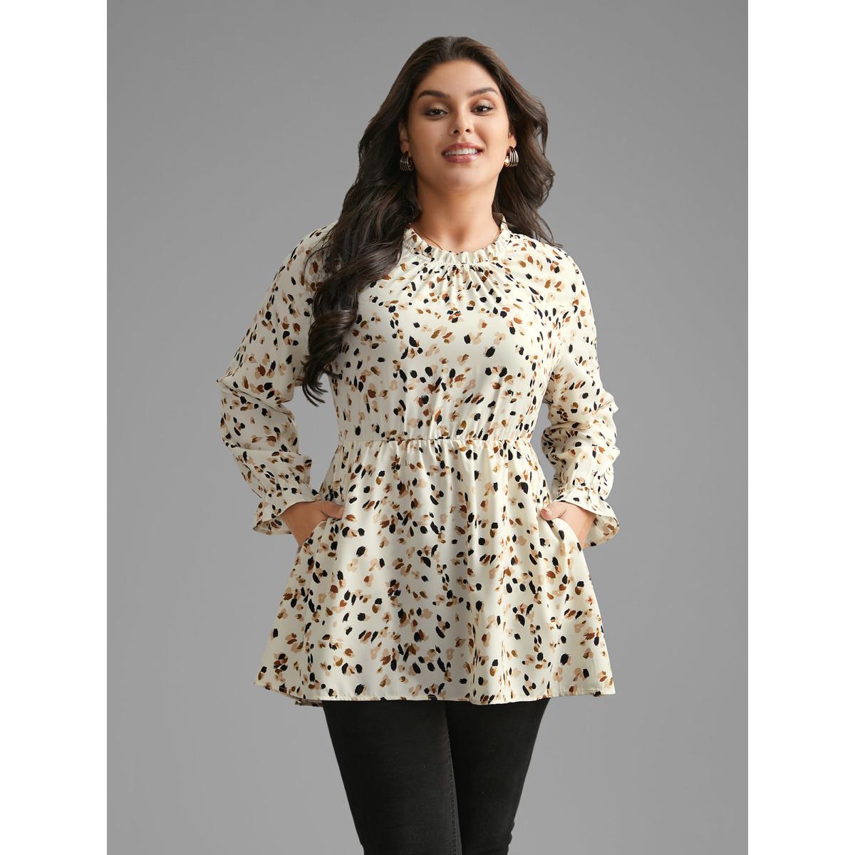 Plus Size Beige Color Leopard Print Frill Trim Blouse Women Elegant Long Sleeve Round Neck Everyday Blouses BloomChic 12/L Product Image
