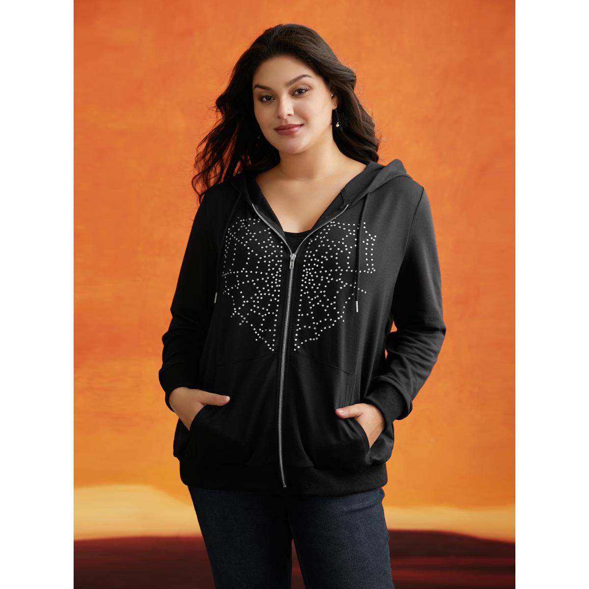 Plus Size Diamond Embellished Spiderweb Zipper Sweatshirt Women Black Casual Rhinestone detailing Loose Hooded Everyday Sweatshirts BloomChic 26/4X Product Image