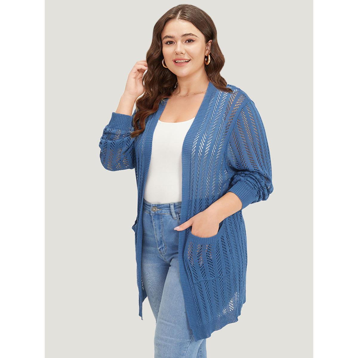 Plus Size Geometric Eyelet Patched Pocket Elastic Cuffs Cardigan Aegean Women Casual Loose Long Sleeve Everyday Cardigans BloomChic 22-24/3X Product Image