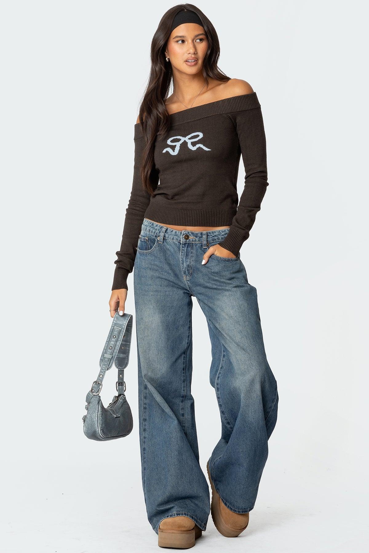 Tj Off Shoulder Knit Bow Top Product Image