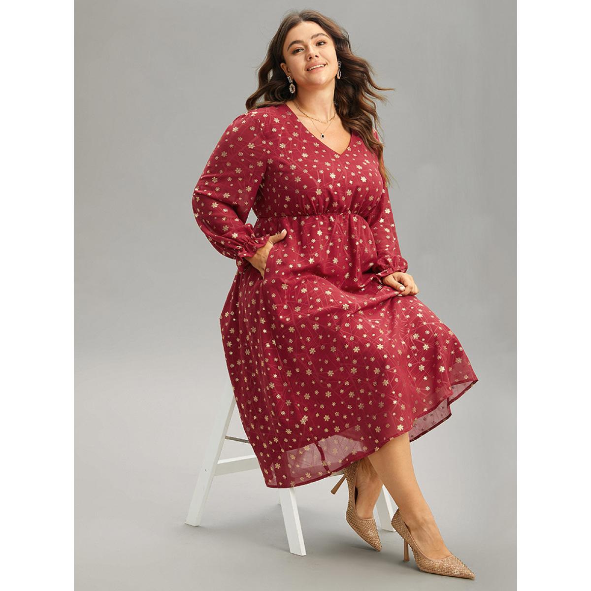 Plus Size Snowflake Glitter Mesh Gathered Ruffles Dress Scarlet Women Party See through V-neck Long Sleeve Curvy Midi Dress BloomChic 14-16/1X Product Image