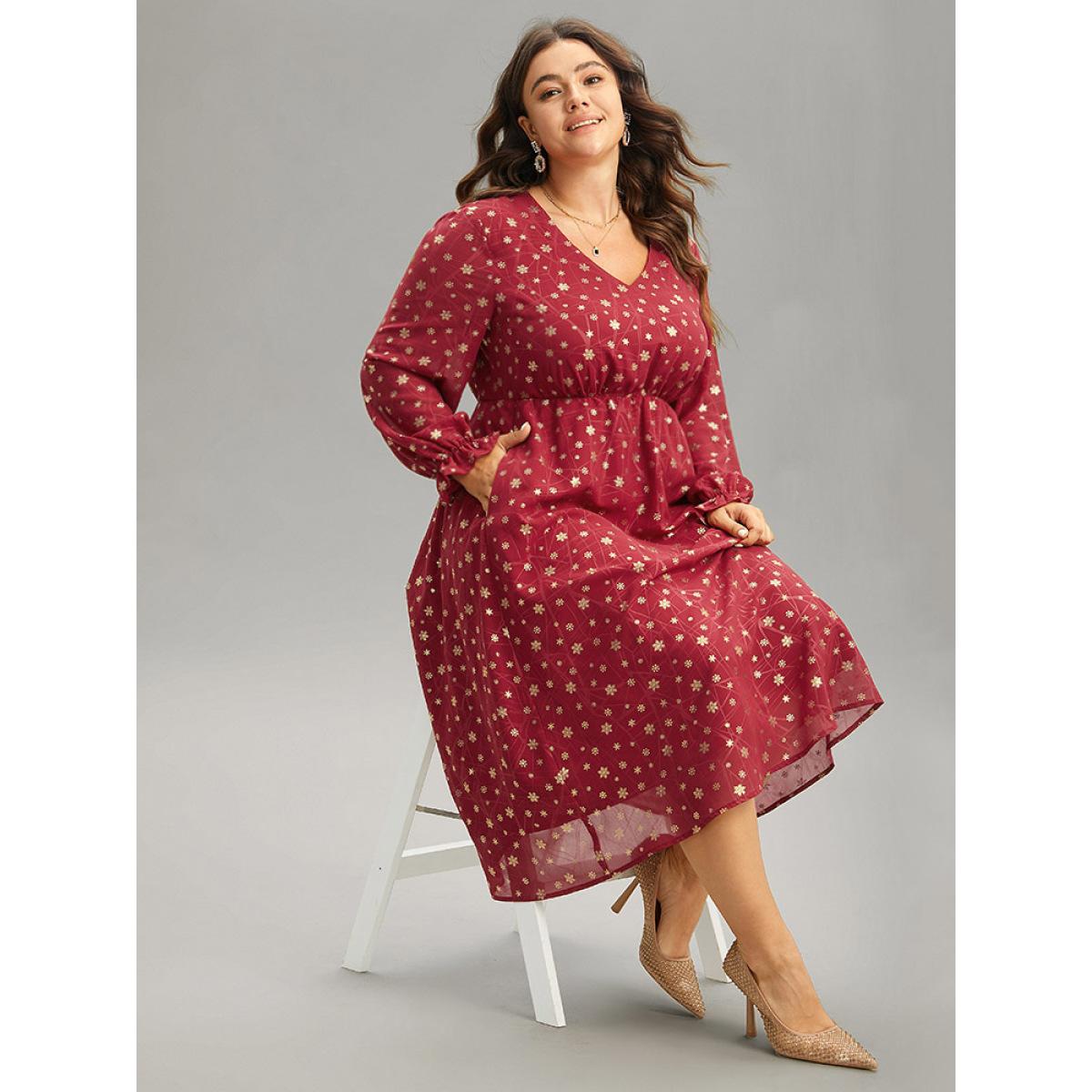 Plus Size Snowflake Glitter Mesh Gathered Ruffles Dress Scarlet Women Party See through V-neck Long Sleeve Curvy Midi Dress BloomChic 14-16/1X Product Image