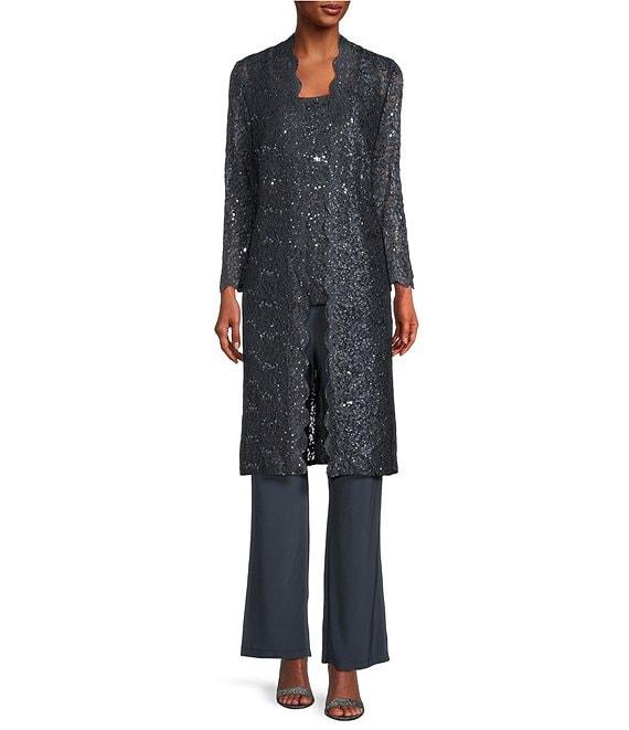 R & M Richards Sequin Glitter Scalloped Lace Scoop Neck 3/4 Sleeve 3-Piece Duster Pant Set Product Image