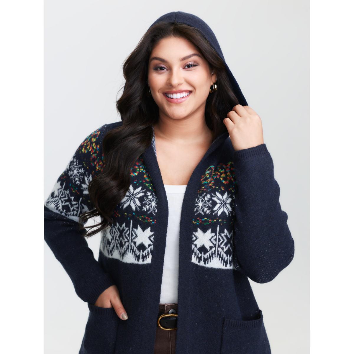 Plus Size Boho Print Jacquard Hooded Knit Cardigan Indigo Women Leisure Loose Long Sleeve Casual Cardigans BloomChic 14-16/1X Product Image