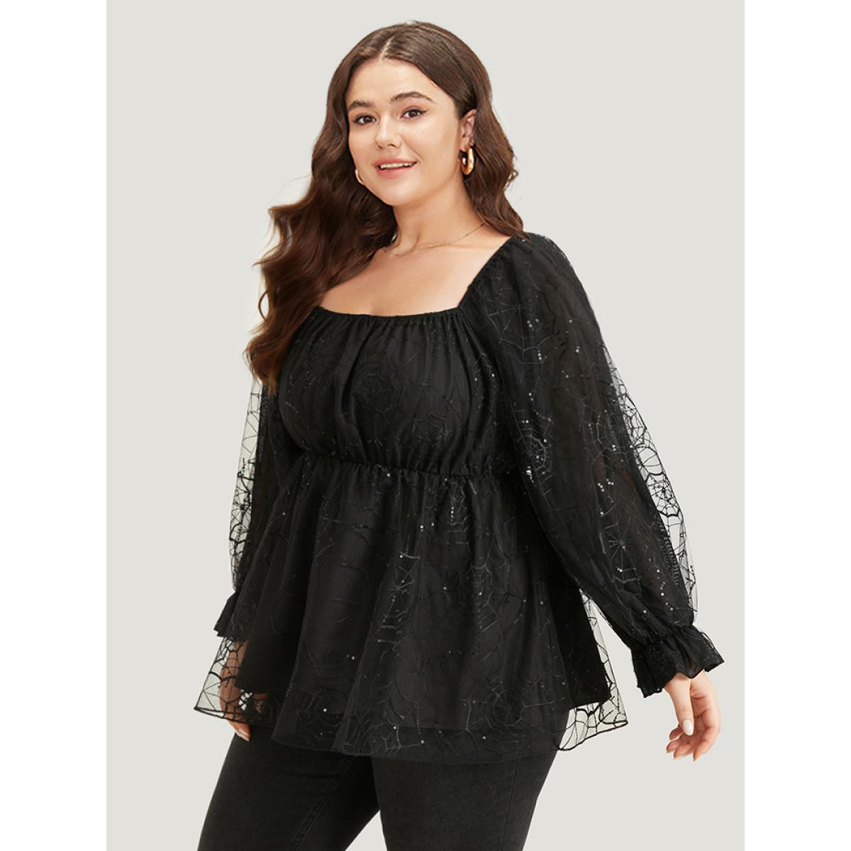 Plus Size Black Halloween Square Neck Spider Web Crochet Lace Mesh Blouse Women Glamour Long Sleeve Square Neck Festival-Halloween Blouses BloomChic 26/4X Product Image