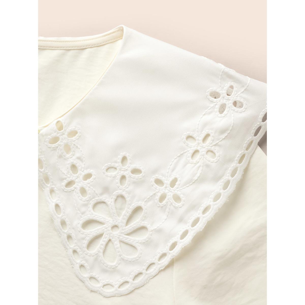 Plus Size Ivory Lace Collar Lantern Sleeve Pleated Blouse Women Resort Short sleeve Lace collar Vacation Blouses BloomChic 30/6X Product Image