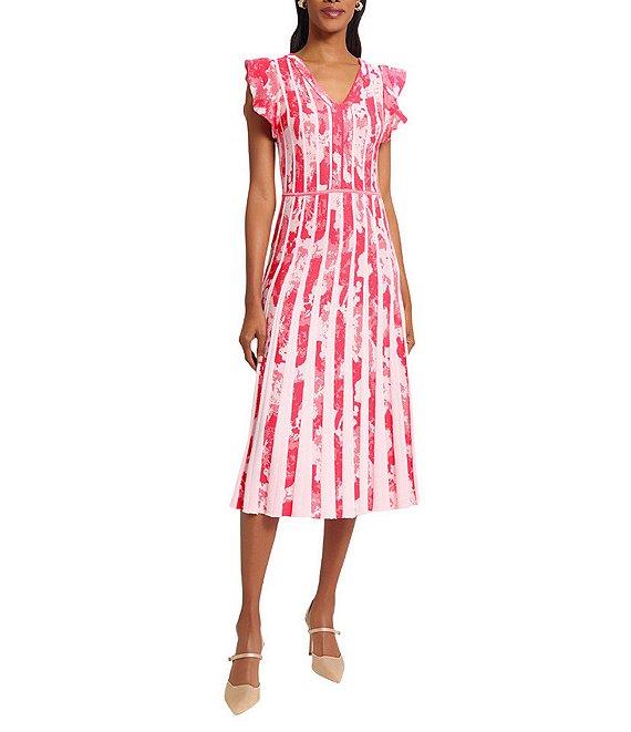 Ming Wang Knit Jacquard V-Neck Flutter Sleeve Fit-And-Flare Midi Dress Product Image