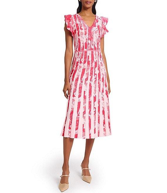Ming Wang Knit Jacquard V-Neck Flutter Sleeve Fit-And-Flare Midi Dress Product Image